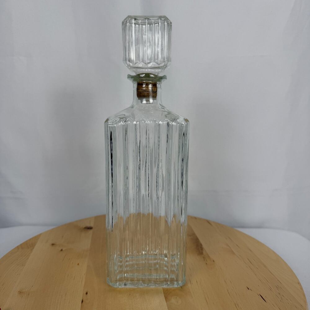 Glass Mid-Century Modern Liquor Decanter Bottle Clear 11.5 in Ribbed Barware Bar